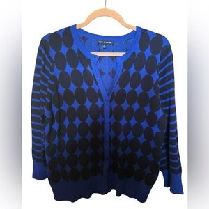 Cable & Gauge Cardigan XL Blue Black Polka Dot Button Front Sweater